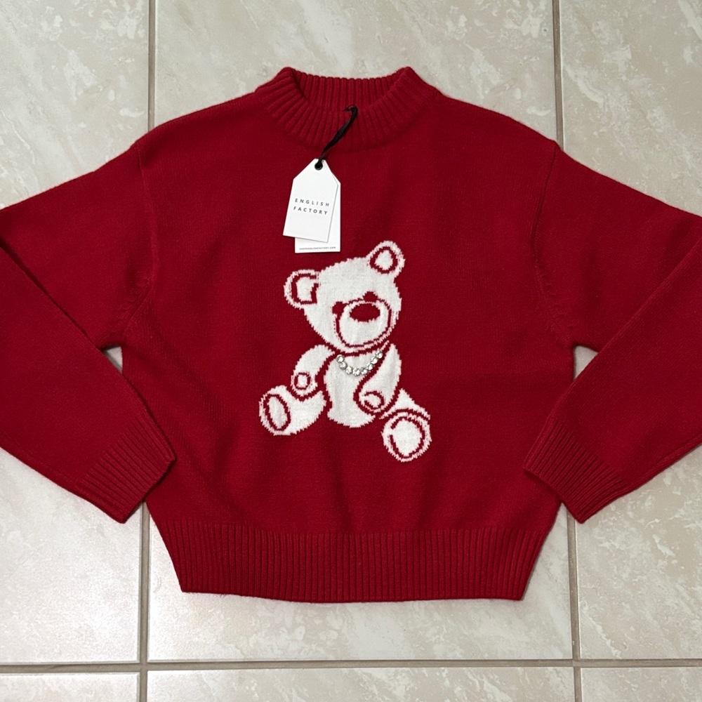 English Factory Red Sweater with Bear Motif
